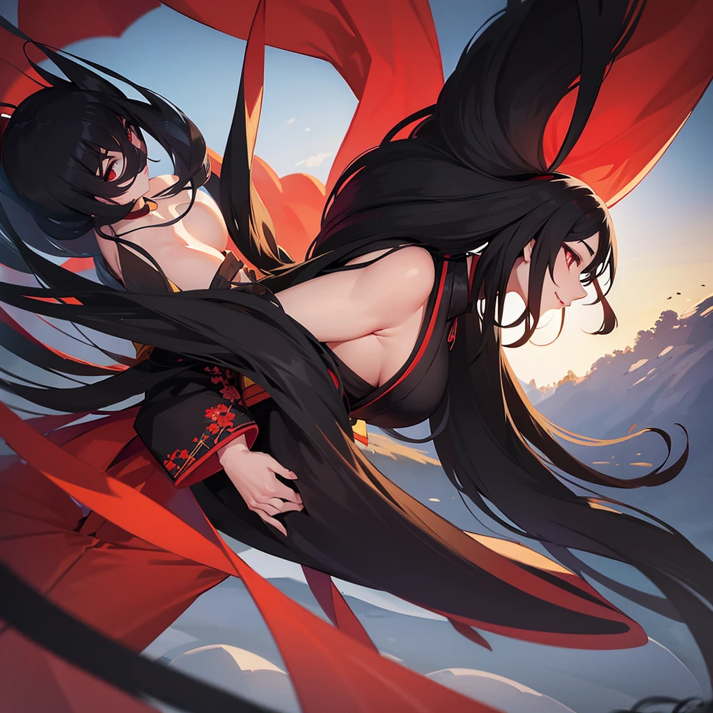 Woman, fox, big , big butt, red eyes, black hair, long hair, japanese clothes