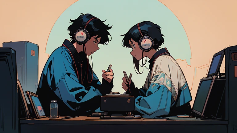 (moon:1.3), (Long Shot), Wide Shot, (Noise Film), Old cartoons, (Lots of records:1.3), vinyl record shop, (masterpiece, Highest quality, Highest quality, Official Art, beautifully、beautiful: 1.2),man, (Two people listening to music on one pair of headphones),Very detailed, (Fractal Art: 1.4), Best details, guitar, (Note: 1.4), ( Lo-fi hip hop), Side view, Old Anime Texture, alone, speaker, cyber punk, vinyl