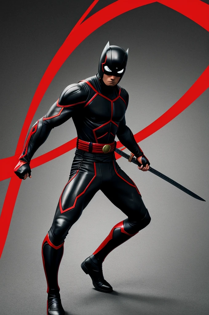 A super hero with a black suit with red lines on the arms and sides of the legs and two katanas behind 