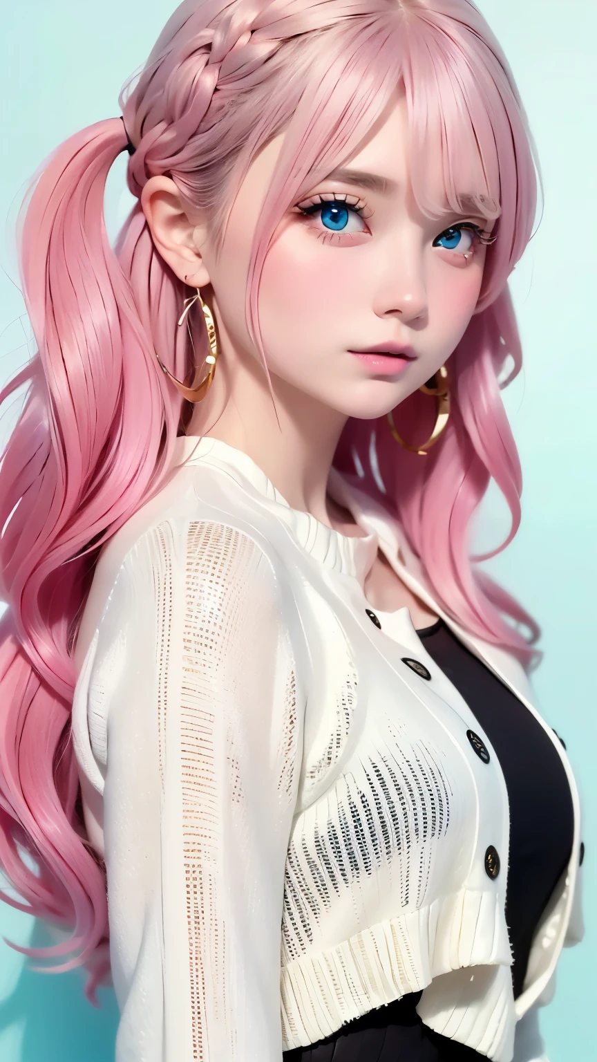 rainbow, One Girl, alone,So cute, Long Hair, Show Viewer, Blue Eyes Background, White Background, jewelry, Mouth closed, Jacket, Upper Body, Pink Hair, Earrings, Pink Eyes, necklace, From the side, sweater, lips, eyelash, Compensate, Wavy Hair, Earrings, cross, lipstick, 耳のEarrings, eye shadow, hoop Earrings, ピンクのlips, Variegated eyes, Pink Theme, , ピンクのeye shadow,