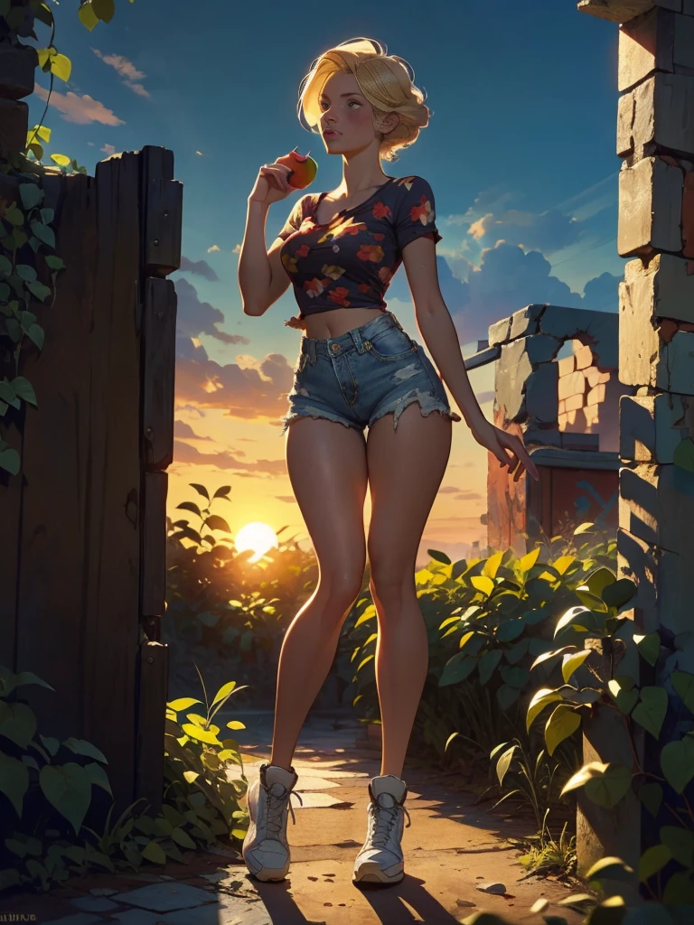 2076 year. The Urban Ruins of the Wasteland, Female huntress picking fruit in the garden, beautiful face, blonde, badly torn shirt and denim shorts , long legs, sweating through, sun rising, Nice warm colors, head to toe, full body shot, pretty hands, perfect fingers,