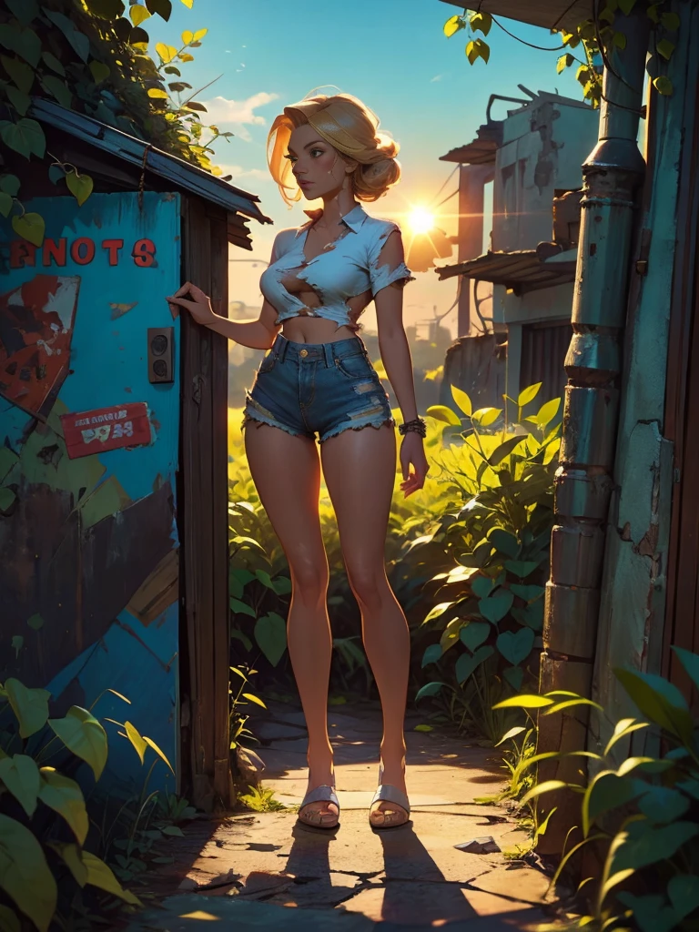 2076 year. The Urban Ruins of the Wasteland, Female huntress picking fruit in the garden, beautiful face, blonde, badly torn shirt and denim shorts , long legs, sweating through, sun rising, Nice warm colors, head to toe, full body shot, pretty hands, perfect fingers,