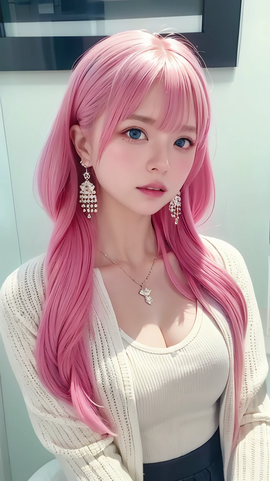 rainbow, One Girl, alone,So cute, Long Hair, Show Viewer, Blue Eyes Background, White Background, jewelry, Mouth closed, Jacket, Upper Body, Pink Hair, Earrings, Pink Eyes, necklace, From the side, sweater, lips, eyelash, Compensate, Wavy Hair, Earrings, cross, lipstick, 耳のEarrings, eye shadow, hoop Earrings, ピンクのlips, Variegated eyes, Pink Theme, , ピンクのeye shadow,