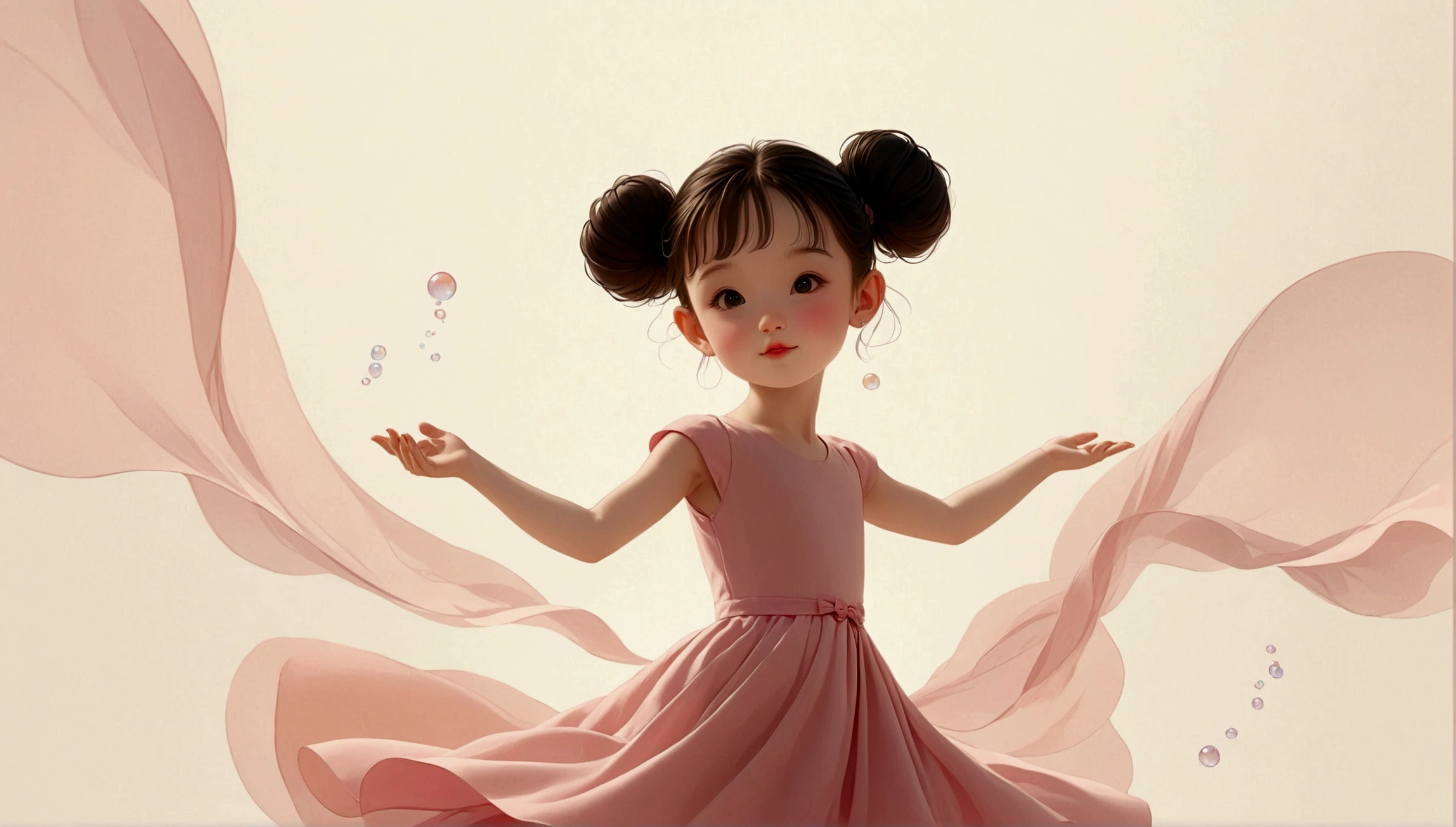 Character setting diagram；1 dancing  girl,。Solitary,Wearing a cute pink dress，Happy expression，Playful；The character is on the right side of the frame，whole body；Light pink background，There are many transparent bubbles in the picture，Big bubbles；Pure background（The background is a solid color）； Depth of Field, Extraordinary details, masterpiece, high quality, 4K，Leave white space in the center of the screen。