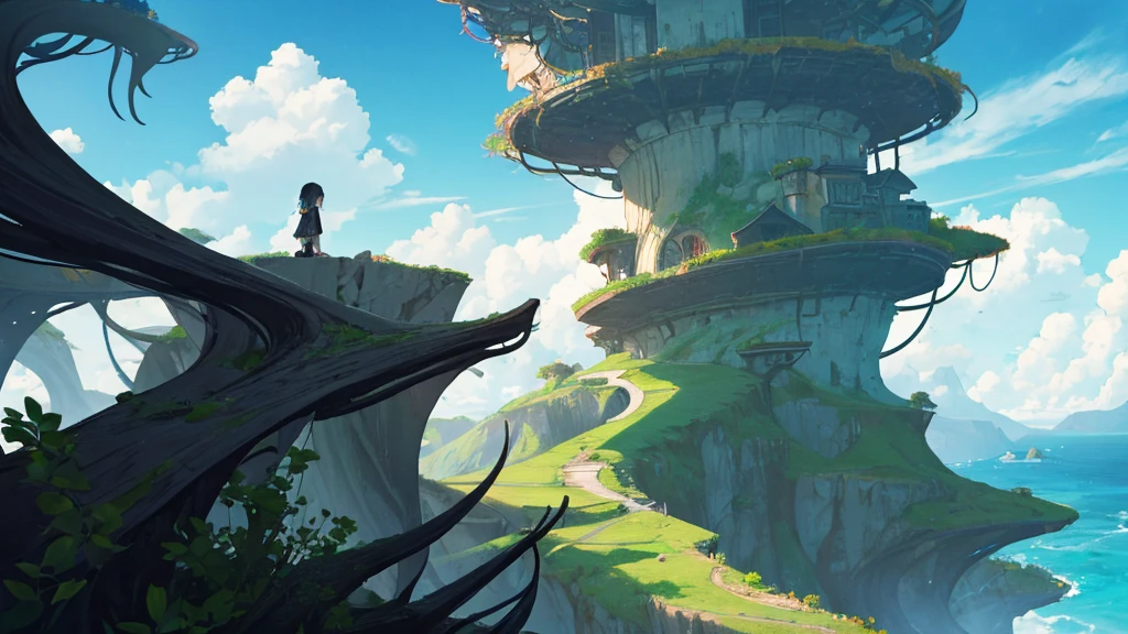 One girl small , Black hair, black dress, black tentacles growing from the back, on a cliff, on an island, rich in nature, looking out, Green Eyes