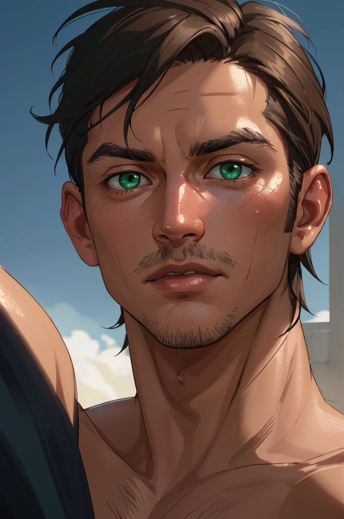 portrait of a man, 40 y.o, perfect face, natural skin, film grain, skin imperfections, ((face close-up)), realistic photography, green eyes, stubble, short cropped hair, muscular, shirtless, best quality, masterpiece, extremely detailed, intricate details, detailed background, dynamic pose, dynamic angle, sharp focus, soft lighting, vibrant colors, cinematic photography, volumetric lighting, film grain, hard shadows, chiaroscuro, filmic, subsurface scattering