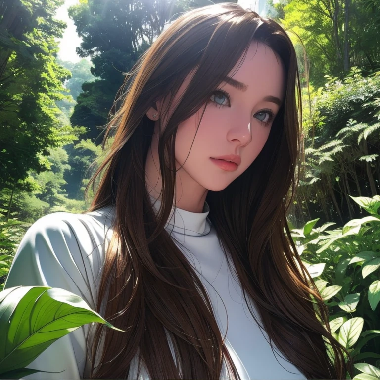 pure white、A fantastic white world、Foliage plant、Beautiful woman lost in a land of plants、Surrounded by a forest of fantastic plants、Beautiful women are adventurers、Only the eyes are green