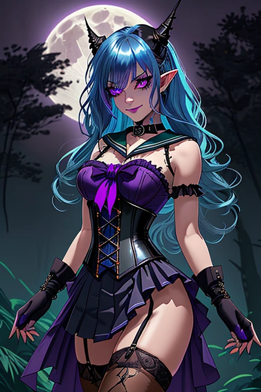 (Goblin), (bright blue hair), long hair, cute bangs, flowing hair, diamond shaped eyes, (((purple eyes))), dark_eyeliner, long_eyelashes), (purple fingerless_gloves) (green skin) ugly, exotic, elegant, slim, (((sailor collar))), black thigh highs, choker, medium bust, (brown steampunk corset), black Lolita style skirt, knee high heel with laces, (sleeveless), natural dynamic lighting, ((smirking)), steampunk, dark forest, fog, outside at night, starry night, full moon,