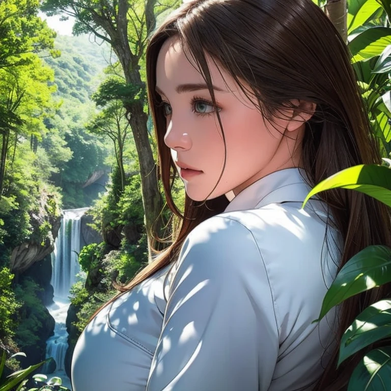 pure white、A fantastic white world、Foliage plant、Beautiful woman lost in a land of plants、Surrounded by a forest of fantastic plants、Beautiful women are adventurers、Only the eyes are green