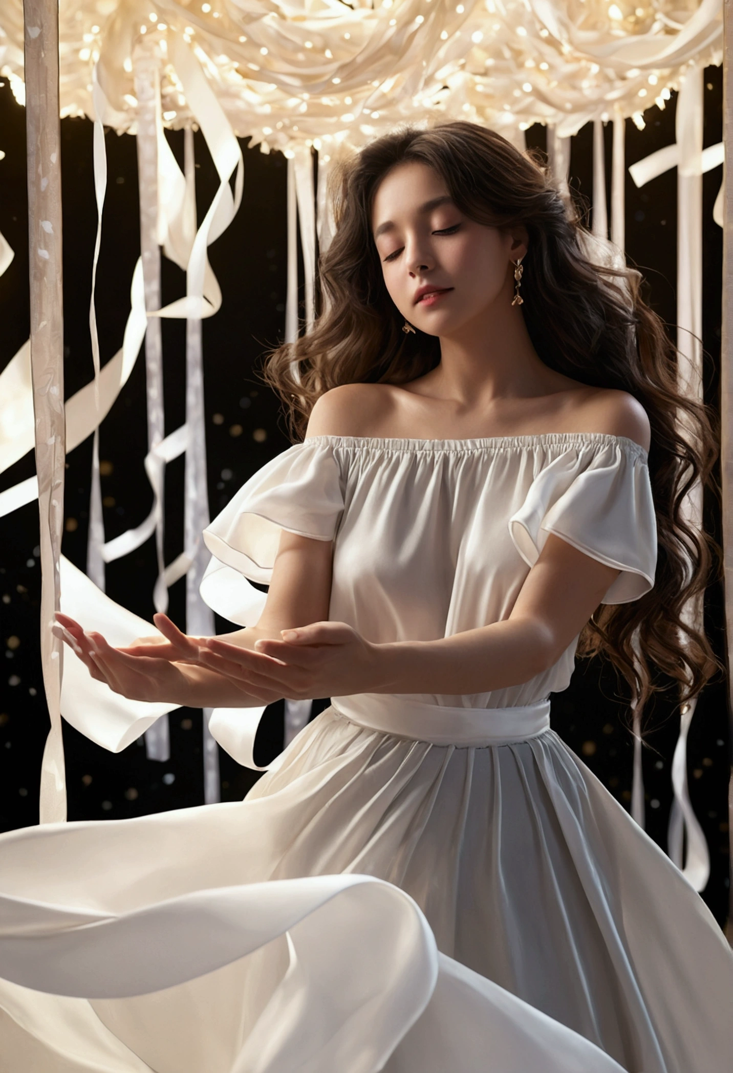 (IU1),(masterpiece:1.3), (Highest quality:1.2), (Intricately detailed:1.2), (Surreal:1.2), Professional photography, Very detailed, Highly detailed CG illustrations, Realistic 8K UHD, High resolution, Absurd resolution, High-quality texture, Detailed Texture, perspective, In detail, Attention to detail, Very detailedCG, Detailed Background, Depth of written boundary, Cinematic Light, Lens flare, Ray-tracing, High quality shadows, concentrated,cute,(((a woman suspended in air arms hugging body, 液bodyの水の床の上でリボンのような布が彼女の周りを渦巻いている:1.2, Night galaxy and stars in the background))), Suspended above the ground, My feet don&#39;t touch the water, (Surreal:1.4),  水の床のあるFantasy背景, ripple, Realistic fish and stars on the floor, Realistic facial expression, Perfectly balanced face, Beautiful and delicate face down to the last detail, Bright smile, Light Energy, Perfect hands, Detailed fingers, Beautiful and delicate eyes, Perfect Eyes, Seductive eyes, Brown pupil, Brown eyes, Perfect Teeth,((Long wavy black fashion hair:1.2)), Small breasts,  body, (Off-the-shoulder white silk crop top with flowing sleeves:1.2), (40+ White silk ribbons flowing from the skirt, Magic, Ribbons swirling in the air:1.4), Earrings, flight, (((sf, Fantasy))), Looking at the audience,  (full body shot:1.4), (From below), Dynamic Shot, Wide-angle, 
