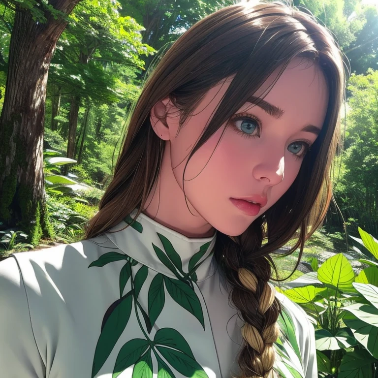 pure white、A fantastic white world、Foliage plant、Beautiful woman lost in a land of plants、Surrounded by a forest of fantastic plants、Beautiful women are adventurers、Only the eyes are green