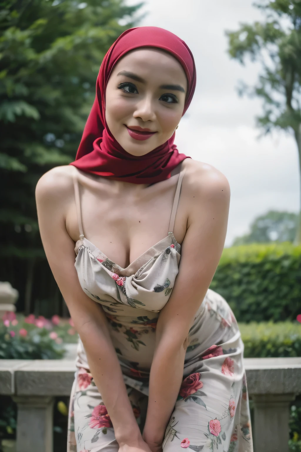 (masterpiece, best quality:1.3, fisheye), extremely high detailed, intricate, 8k, HDR, cinematic lighting, front pov ((garden:1.4, bent over against pov, hands grabing viewer )), slim waist, wide hips, narrow face, plump cheeks, small , wearing a pink bodycon floral dress, at the garden, malay women wearing hijab.