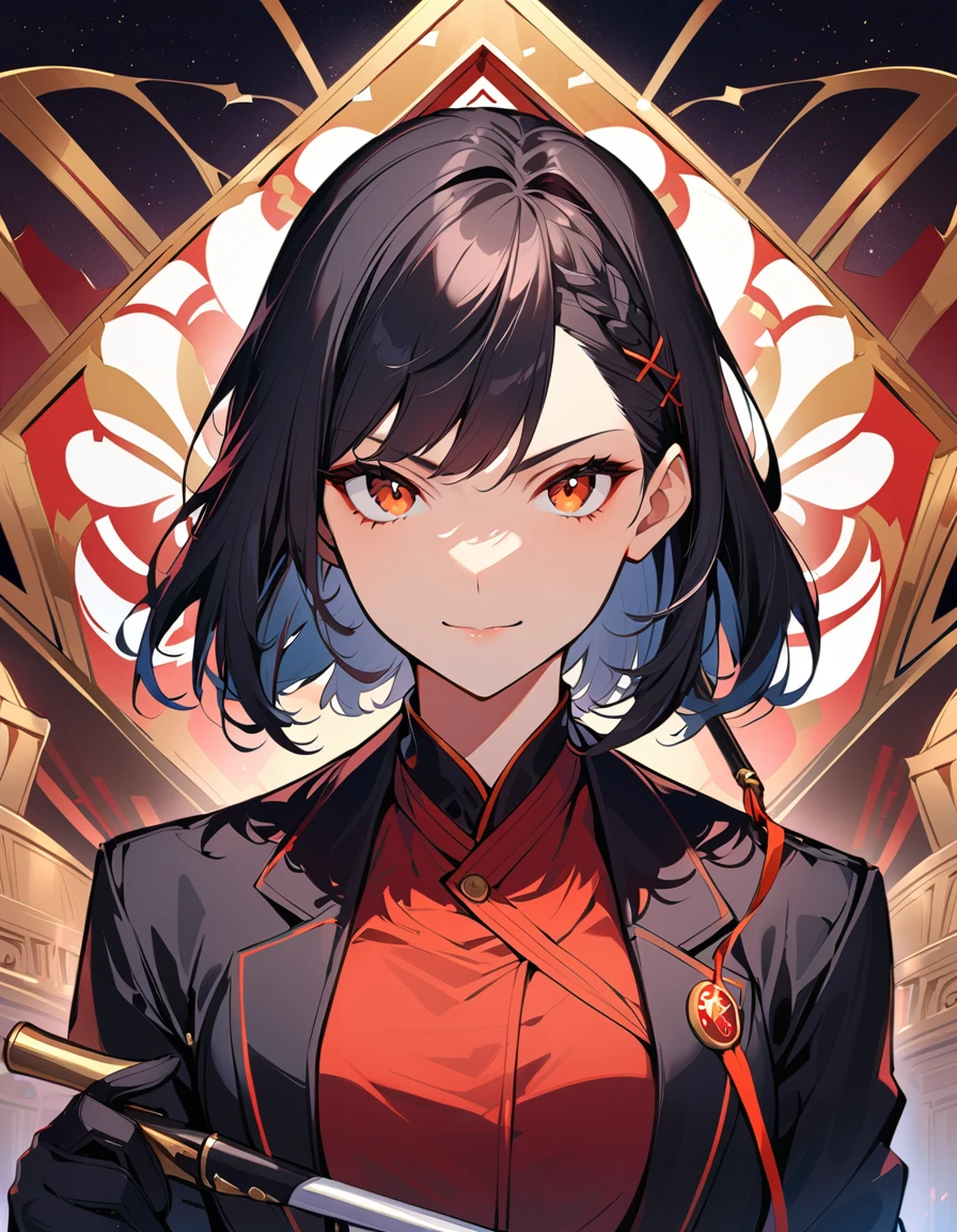 1girl, solo, Cool girl, Putting Pipe, opening kimono style design red gold black short coat , black secretary suit, casino, stylish bob straight black hair, small sword at the waist, girl standing, (looking at viewer), portrait, braids, serious smile face, beautiful best proportions body,