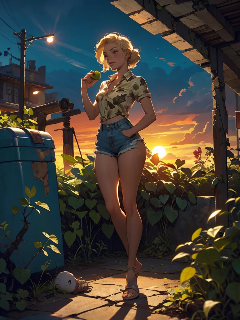 2076 year. The Urban Ruins of the Wasteland, Female huntress picking fruit in the garden, beautiful face, blonde, badly torn shirt and denim shorts ,  long legs, sweating through, sun rising, Nice warm colors, head to toe, full body shot, pretty hands, perfect fingers,