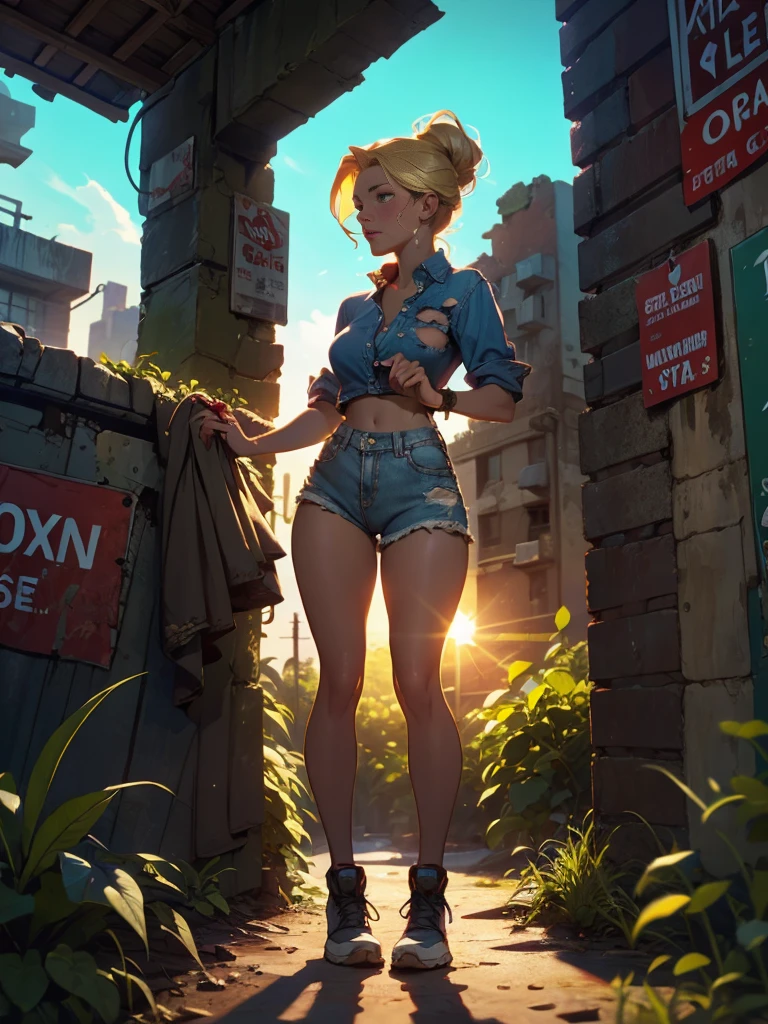 2076 year. The Urban Ruins of the Wasteland, Female huntress picking fruit in the garden, beautiful face, blonde, badly torn shirt and denim shorts ,  long legs, sweating through, sun rising, Nice warm colors, head to toe, full body shot, pretty hands, perfect fingers,