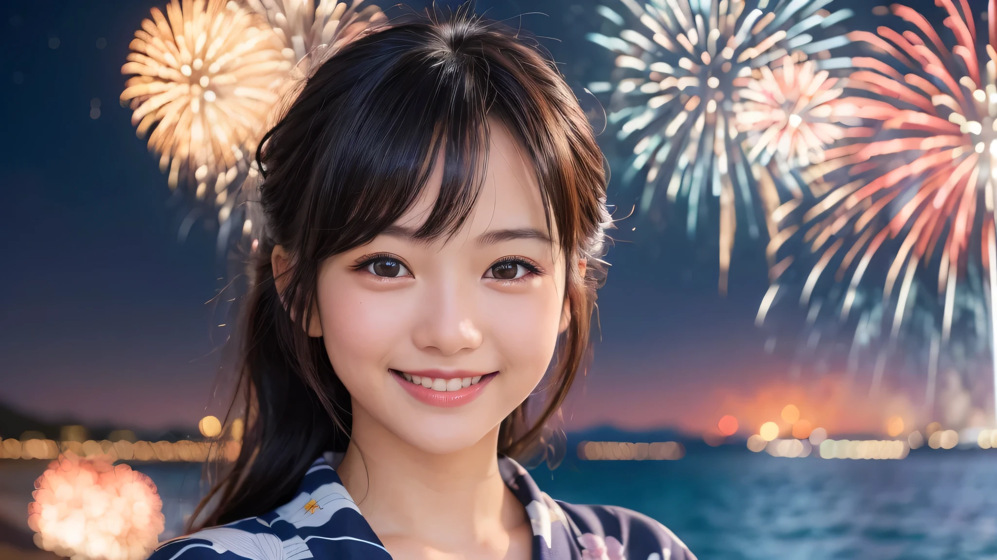 kawaii, (1girl), (happy smile:1.2), (yukata), (Best Quality:1.4), Realistic, extremely detailed CG unified 8k wallpaper, highly detailed, professional photography, Close up portrait of girl, Outdoors, Beautiful scenery, beach, (The night sky, fireworks, beautiful fireworks spreading across the sky:1.4), upper body photos, (Fine face:1.2),
