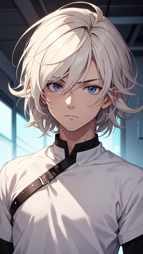 Male boy animated character with white, slightly wavy hair that appears a bit messy. The character is wearing a dark-colored top with a high collar. The face is obscured by a blurred rectangular area, making it difficult to discern any facial features