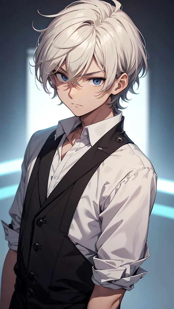 Male boy animated character with white, slightly wavy hair that appears a bit messy. The character is wearing a dark-colored top with a high collar. The face is obscured by a blurred rectangular area, making it difficult to discern any facial features