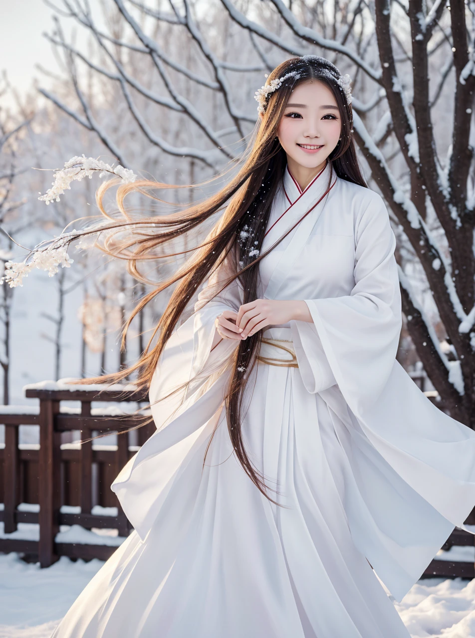 Best quality, 4K picture quality, 1girl, white Hanfu, snow, long hair fluttering in the wind, healing smile, large aperture, blurred background