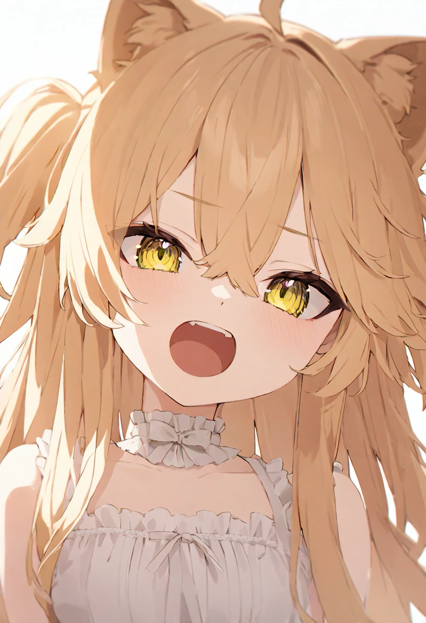 (muste piece), (best quality), (score_9, score_8_up, score_7_up), very detailed eyes, expressive eyes, perfect face, very detailed face, highly detailed face, beautiful girl, 8K, beautiful girl, white background, delicate and beautiful face and eyes, dark intense shadow, 1 girl, vtuber style, cool girl, vtuber, rurudo_lion, blond lion ears, blond lion tail, blond straight hair, blond eyes, hair between eyes, white sundress, sleeveless dress, suspender dress, dress bow, chest visible through clothes, small chest, cropped shoulders, clavicle, Poker face, open mouth wide, one Yae Teeth, Upper Body, face close up. 
