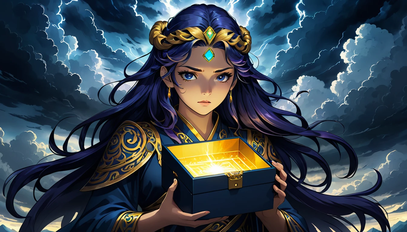 In this captivating dark fantasy illustration, the god Zeus is seen warning Pandora about a golden box. The box emits a mysterious, otherworldly glow and is adorned with intricate, ominous symbols. Pandora, with her curious and slightly anxious expression, is depicted in an anime style with flowing, colorful hair. The background is filled with ominous dark clouds and a looming, foreboding sky., photo, illustration, anime, dark fantasy