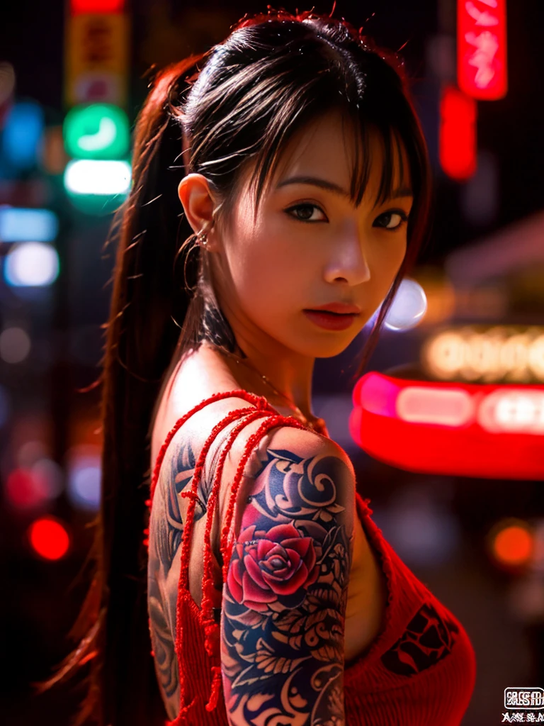 Wahori skin, Yakuza, japanese mafia, Background of Tokyo Red Light District, realistic, Photoreal, masterpiece, highest quality, Movie photo of a Japan cartel gang with tattoos, spectacular lighting, japanese Yakuza tattoo, Japanese art, Japanese culture, sexy, exotic, erotic