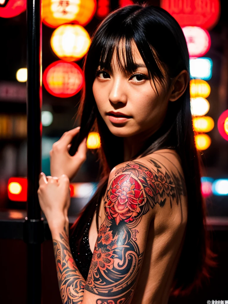 -yeld giWahori skin, Yakuza, japanese mafia, Background of Tokyo Red Light District, realistic, Photoreal, masterpiece, highest quality, Movie photo of a Japan cartel gang with tattoos, spectacular lighting, japanese Yakuza tattoo, Japanese art, Japanese culture, sexy, exotic, erotic