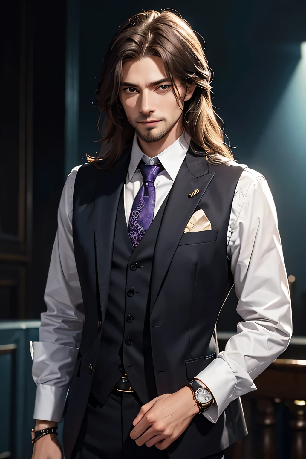 A gentleman exuding an aura of humility and strength, with an air of solitary elegance tinged with a touch of eccentricity. His long hair, not overly disheveled but slightly tousled, features a gradient transitioning from dark gold at the edges to deep brown. His eyes are deep and full of stories, a profound blue that seems to hide countless secrets, with smiling corners and a subtly upturned mouth. He wears a meticulously tailored suit, paired with a light purple shirt, and a vintage-style brooch at the collar. On his fingers, he sports a low-key but distinctive ring, and on his wrist, a simple, stylish watch with a leather strap instead of metal.
