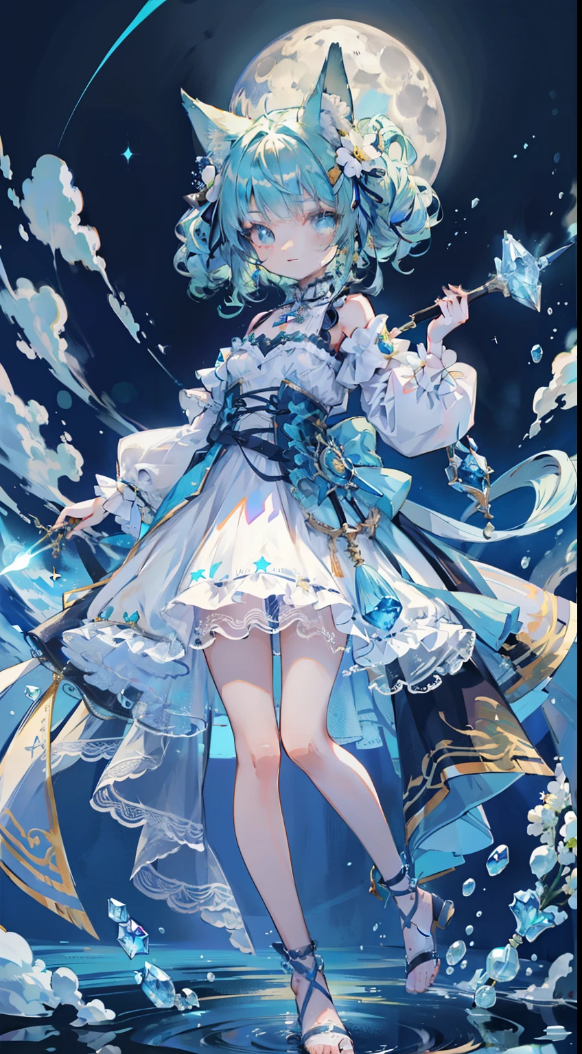 ((Tabletop, Highest quality:1.1))、8k、(Full body standing pose)、Beautiful girl with green hair,curly,Disheveled Hair,Cat ears, White Dress,A deep blue gemstone is set in the chest........,barefoot,Put a blue ring on your ankle,(Holds blue gemstone wand perfectly),Behind him is a shooting star in the night sky々is spreading,The moon is in the sky、With a smile