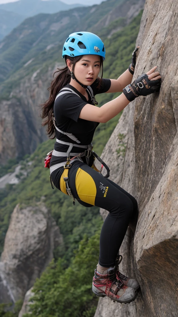 "A woman in a daring rock climbing gear on a rugged cliff face, her pose focused and strong. Her makeup is non-existent, and her hair is secured under a climbing helmet."big breast, korean girl