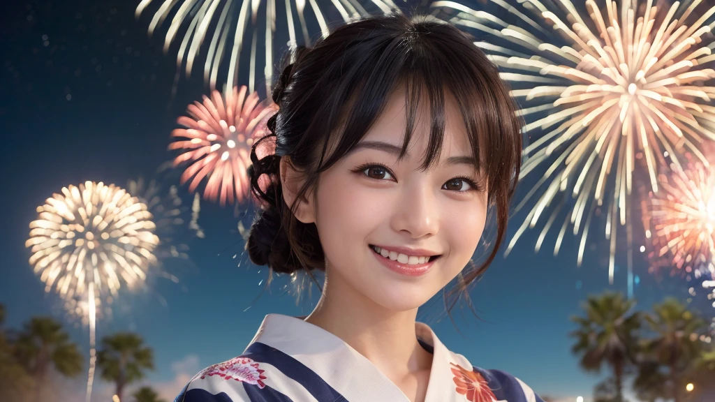 kawaii, (1woman), (happy smile:1.2), (yukata), (Best Quality:1.4), Realistic, extremely detailed CG unified 8k wallpaper, highly detailed, professional photography, Close up portrait of girl, Outdoors, Beautiful scenery, beach, (The night sky, fireworks, beautiful fireworks spreading across the sky:1.4), upper body photos, (Fine face:1.2),