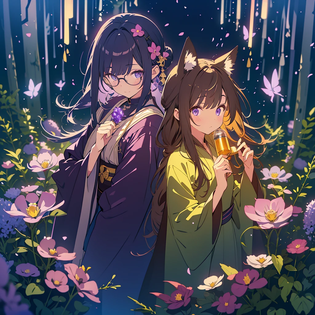 kawaii, anime, Cute, hyper quality, highly detailed, 8k, Clarity, Draw faicial expressions in detail, Two girls with long dark brown hair, One of the girls has green eyes, One of the girls has golden eyes, black witch robe costume, Bell-shaped aconite flowers are in full bloom., in the dark forest, A bell-shaped purple aconite, Stinking eyes, bird's eye view, creepy look, make a magic potion, Holding a test tube containing an ominous black liquid in his hand, Glowing butterflies dance around, pale light of fireflies, whole body, Half of his face is hidden by a pitch black hooded robe., aura of darkness, holding a flask containing a poisonous liquid, bell-shaped aconite, experiment, Magic potion research, highlight on eyes, dark magic, aconite, purple aconite, Aconite at my feet, Aconite close up in front, experiment tools, glasses, upward glance, 