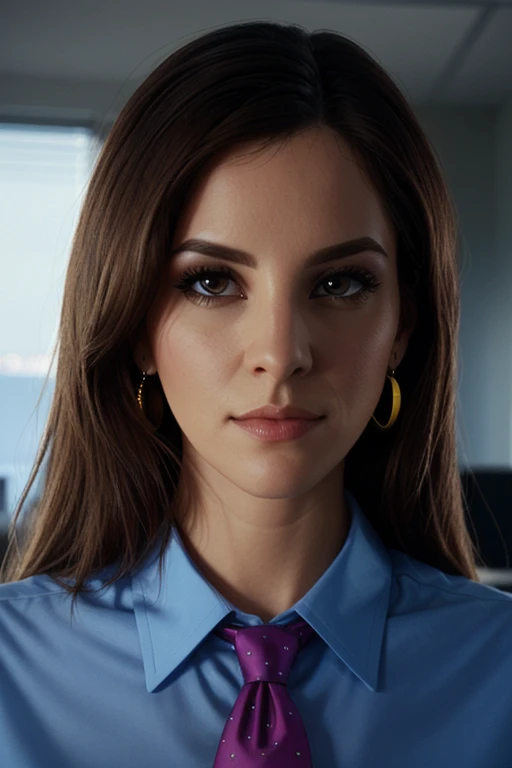 anniesorrell,(epic), ,photo of a woman, , perfect hair, beautiful perfect skin, ((busy office)), (modern photo, necktie, shirt), 24mm, (analog, cinematic, film grain:1.3), , detailed eyes, (upper body), (looking at viewer), earrings, (eyeliner, eyelashes)