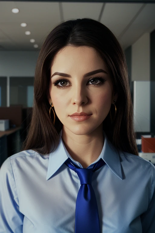 anniesorrell,(epic), ,photo of a woman, , perfect hair, beautiful perfect skin, ((busy office)), (modern photo, necktie, shirt), 24mm, (analog, cinematic, film grain:1.3), , detailed eyes, (upper body), (looking at viewer), earrings, (eyeliner, eyelashes)