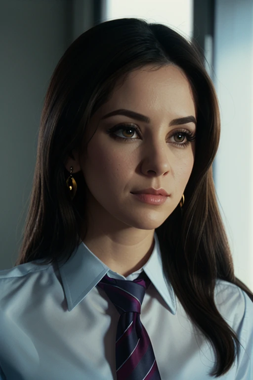 anniesorrell,(epic), ,photo of a woman, , perfect hair, beautiful perfect skin, ((busy office)), (modern photo, necktie, shirt), 24mm, (analog, cinematic, film grain:1.3), , detailed eyes, (upper body), (looking at viewer), earrings, (eyeliner, eyelashes)