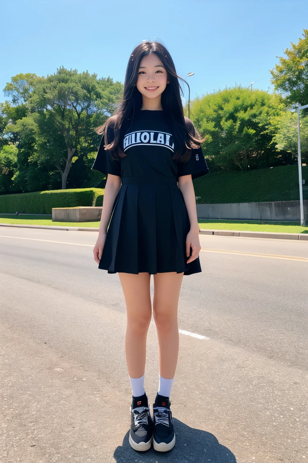 Standing on a deserted embankment near the sea、High school girls、Cute face like an idol、Long black hair、Summer clothemiling、Full body portrait