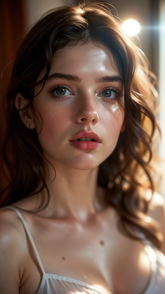 (((ultra realistic))) Photo, masterpiece, top quality, (pale skin), (Ultra detailed face and eyes:1.3), 1 girl, Adult, in a T-shirt, (Eye makeup, mascara) , ((large detailed lips)), ((ash wavy hair)), ((Chyolka)) , (Natural breasts), Slim waist. ((Posing)), photoshoot, studio (soft lighting), (The play of light and shadows), depth of field, bokeh, (special attention to skin detail: 1.2), Detailed leather texture, skin pores. (Airy atmosphere of the frame. Color range - delicate, Bright, white, Pink tones), UDR, ((Film grain)), ((rays)), ((glare of the sun)), ((waist up portrait, close to the camera)) , ultra detialed,