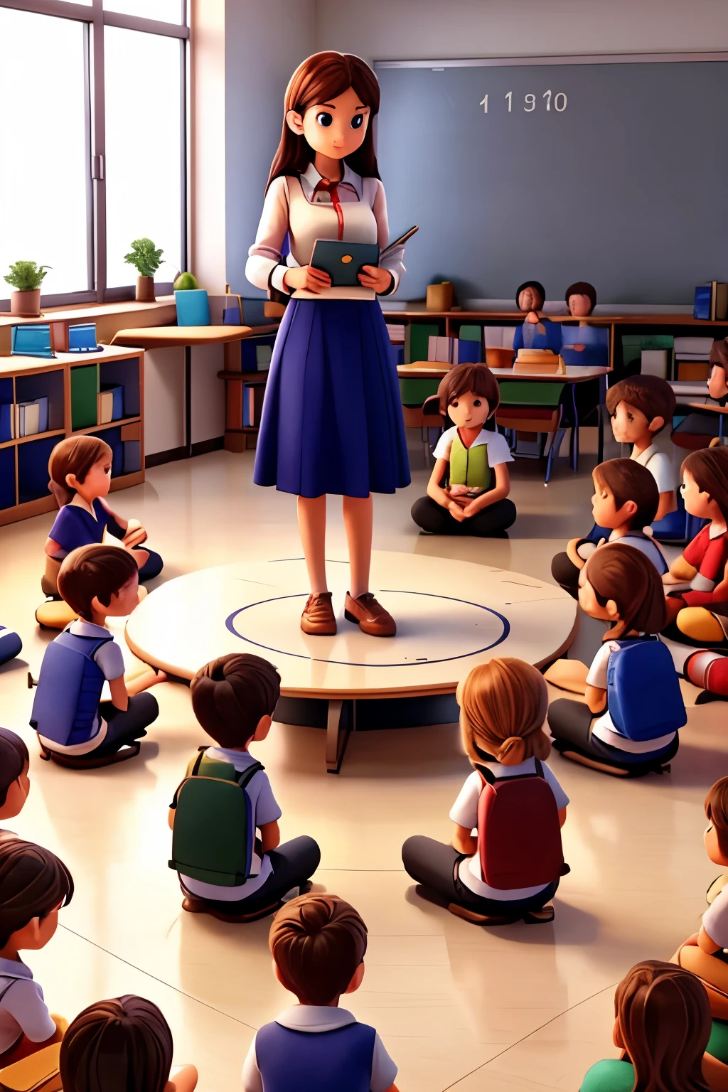 a teacher and 10 students sitting in a circle on the ground and a toy on center