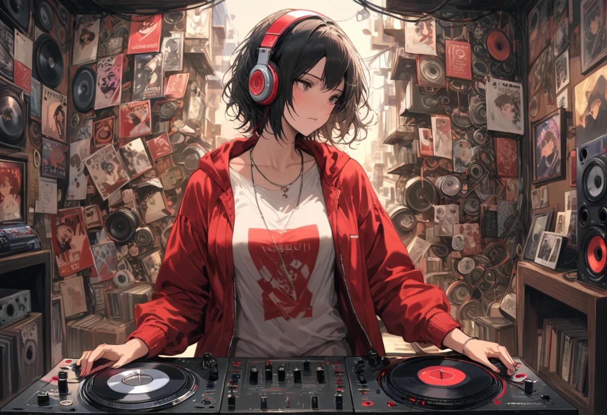 girl, Beats headphones, Pioneer DJ Turntable, DJ Controller, hoodie, Manga Salon, DJ play, Cowboy Shot, look away from the side, Realistic, Detailed Background, By Tsukasa Hojo, (masterpiece, Highest quality, Perfect composition, so beautiful, Absurd, Very detailed, Intricate details, Professional, Official Art, Representative works:1.3), (Animajin:0.01)