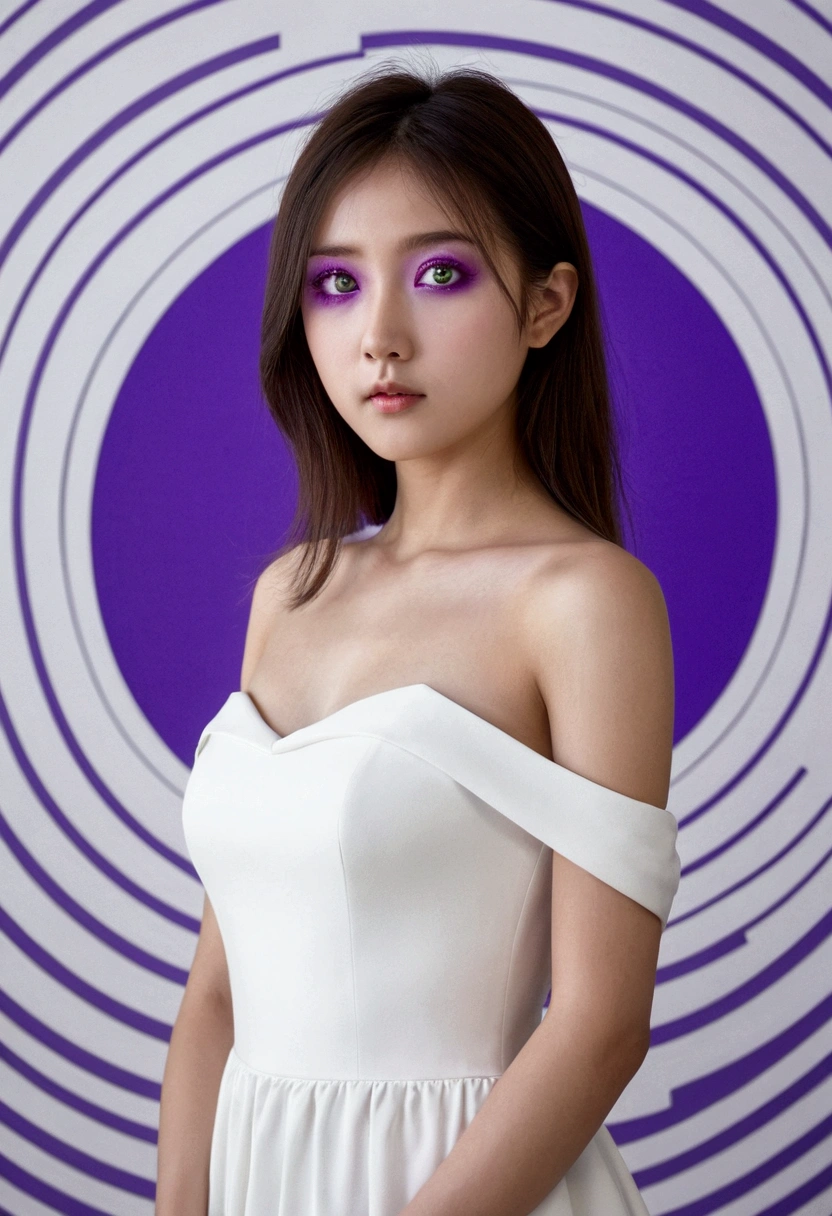 One girl,High resolution,  high quality,  masterpiece, mxmk white dress,  Bare shoulders, Purple eyes, White Dress, 編み込み A captivating circular optical illusion image that trains the left brain optical illusion