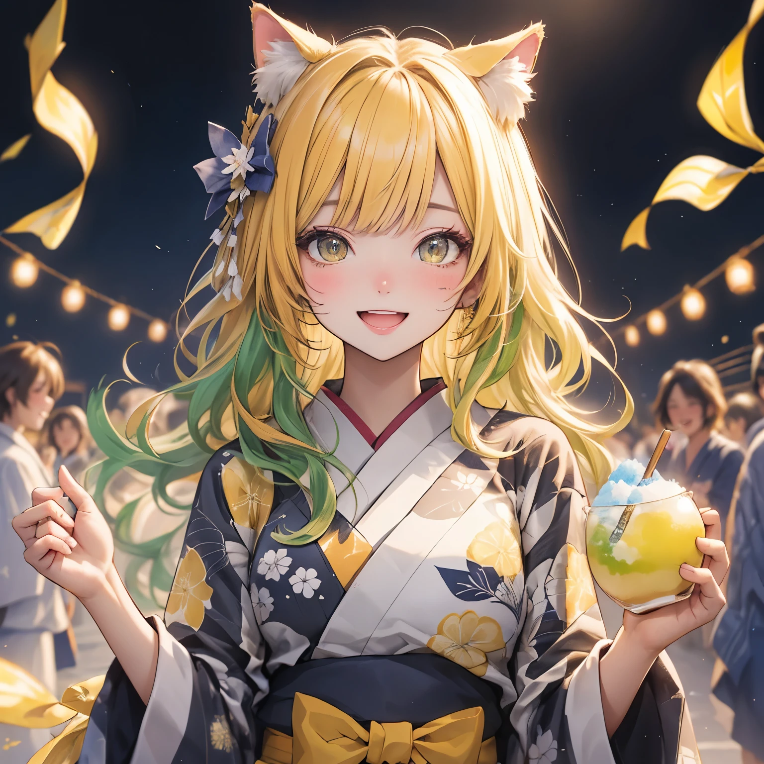 (masterpiece), Highest quality, Ultra-high resolution,Cat ears with lemon-colored ribbon、Lemon colored hair、Lemon-colored eyes、Lemon-colored clothes、shaved ice、festival、yukata、Laughing happily