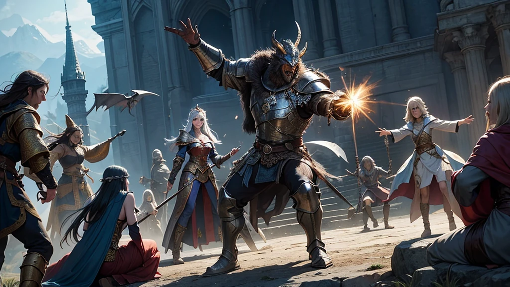 Crie uma cena épica de Dungeons and Dragons, where several RPG characters are in a dynamic battle. Include a strong warrior in shining armor, a priestess enveloped in holy light, a wizard casting a powerful spell and a nimble rogue about to strike from the shadows. The setting should be a classic battlefield, with castles in the background, a dragon attacking the characters and an atmosphere of adventure and imminent danger