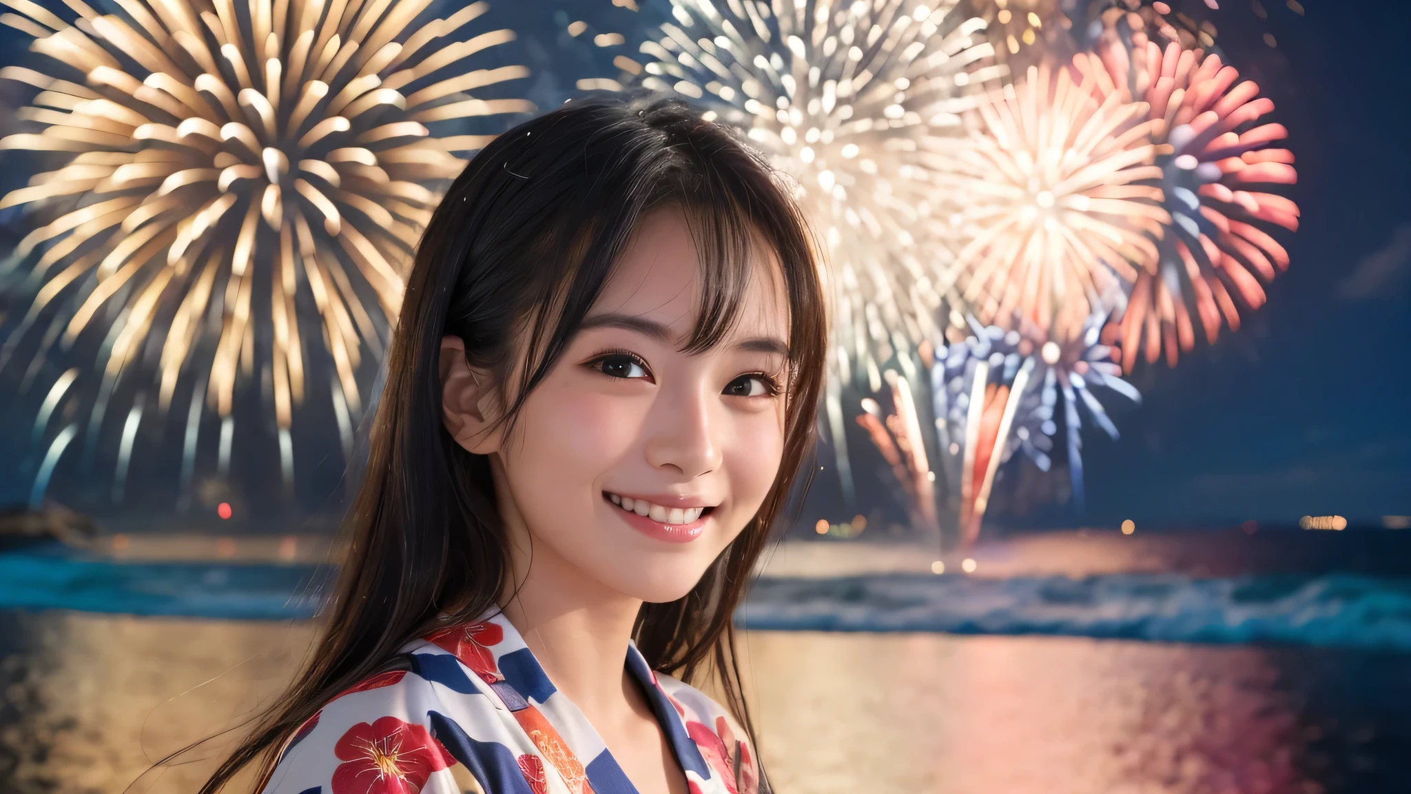 kawaii, (1woman), (happy smile:1.2), (yukata), (Best Quality:1.4), Realistic, extremely detailed CG unified 8k wallpaper, highly detailed, professional photography, Close up portrait of girl, Outdoors, Beautiful scenery, beach, (The night sky, fireworks, beautiful fireworks spreading across the sky:1.4), upper body photos, (Fine face:1.2),