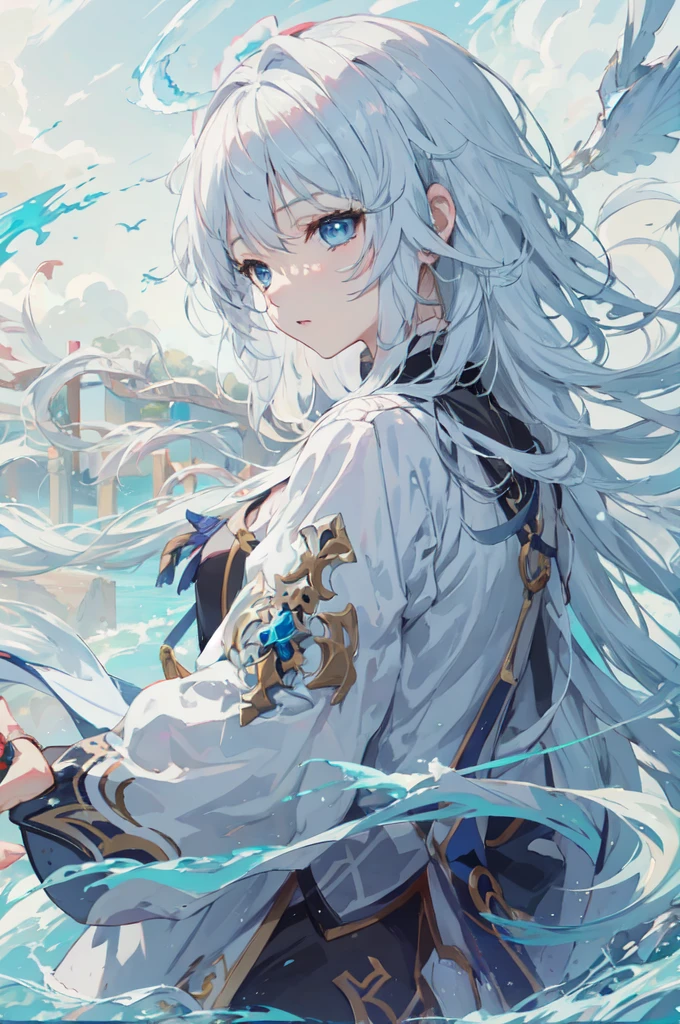 White hair blue eyed anime girl holding a sword, white hair deity, best anime 4k konachan wallpaper, Keqing from genshin impact, Clean and detailed anime art, anime art wallpaper 8 k, Guweiz, Anime Art Wallpaper 4K, anime art wallpaper 4k, Detailed anime character art, guweiz on pixiv artstation, white hair