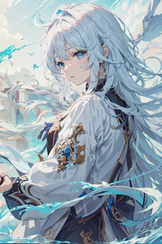 White hair blue eyed anime girl holding a sword, white hair deity, best anime 4k konachan wallpaper, Keqing from genshin impact, Clean and detailed anime art, anime art wallpaper 8 k, Guweiz, Anime Art Wallpaper 4K, anime art wallpaper 4k, Detailed anime character art, guweiz on pixiv artstation, white hair