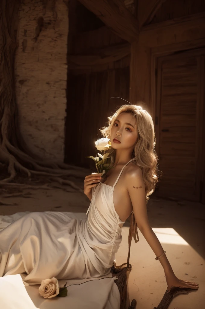 1girl,white flower,(curly layered short hair:1.3),white silk dress,lazy,cropped shoulder,expression of feelings,full body,sitting on tree,
BREAK interweaving with the lines of the tree roots,light and shadow processing,dramatic lighting,imaginative,melancholy atmosphere,fisheye,epic scenery,sharp focus,surreal,(cinematic tone:1.2),