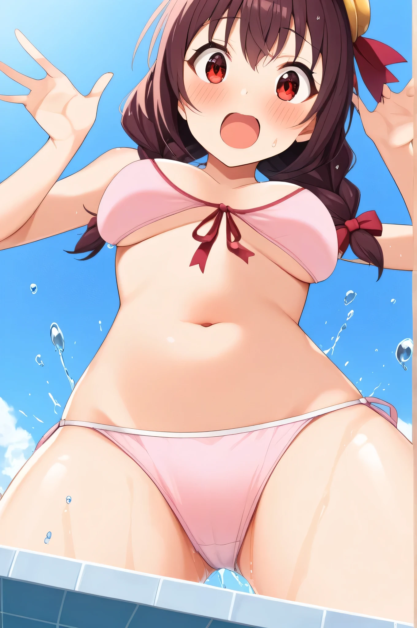 alone, One girl, Yunyun、blush 、View your viewers, Crown braids of the same color as your hair, Red Eyes、hair ornaments, Hair Ribbon, (White and pink bikini)、(Pool、Jump:1.4)、So wet、(Surprised expression:1.5)、water(Splashes)、View from below