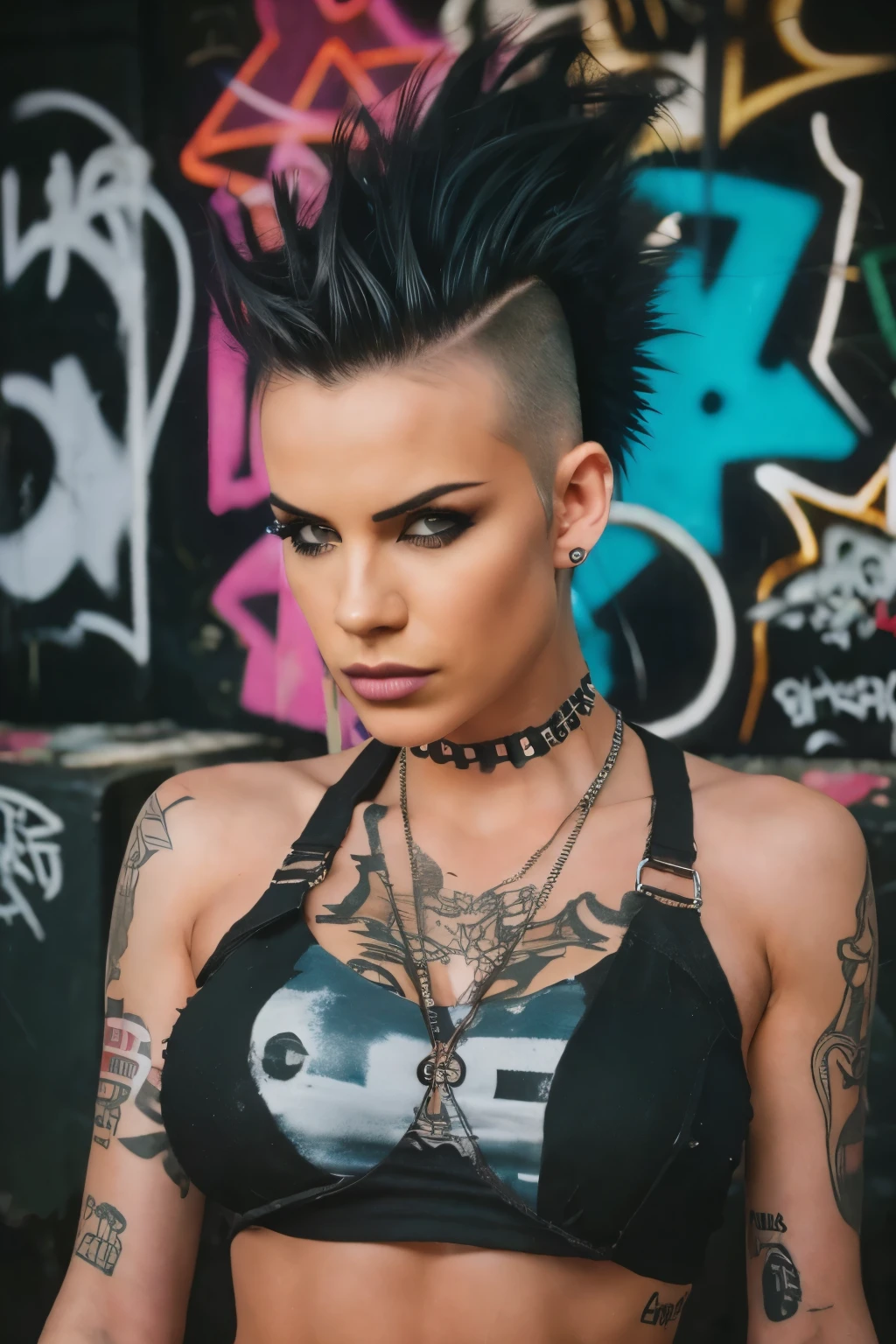 Photorealistic, ultra-detailed, ((Rocker punk girl, spiky mohawk hair)) girl, hot Body,  bikini , ABS, tattoo, t-shirt nipples, t-shirt write "666".portrait photo, grunge, side viewer, Solo, dimly lit room, edgy urban scene with graffiti, dark and moody, late evening, city lights flashing, neon lighting The essence of rock and roll, Spike hair, 18 years old, assertive, confident expression, showcasing multiple piercings, blurry background, analogue style, grunge texture, Best contrast, industrial, Instagram LUT, Professional, 4k, electrifying gaze, shot on Nikon, 50mm, shallow depth of field,  ((Abandoned Graffiti Wall Background, cinematic lighting )).