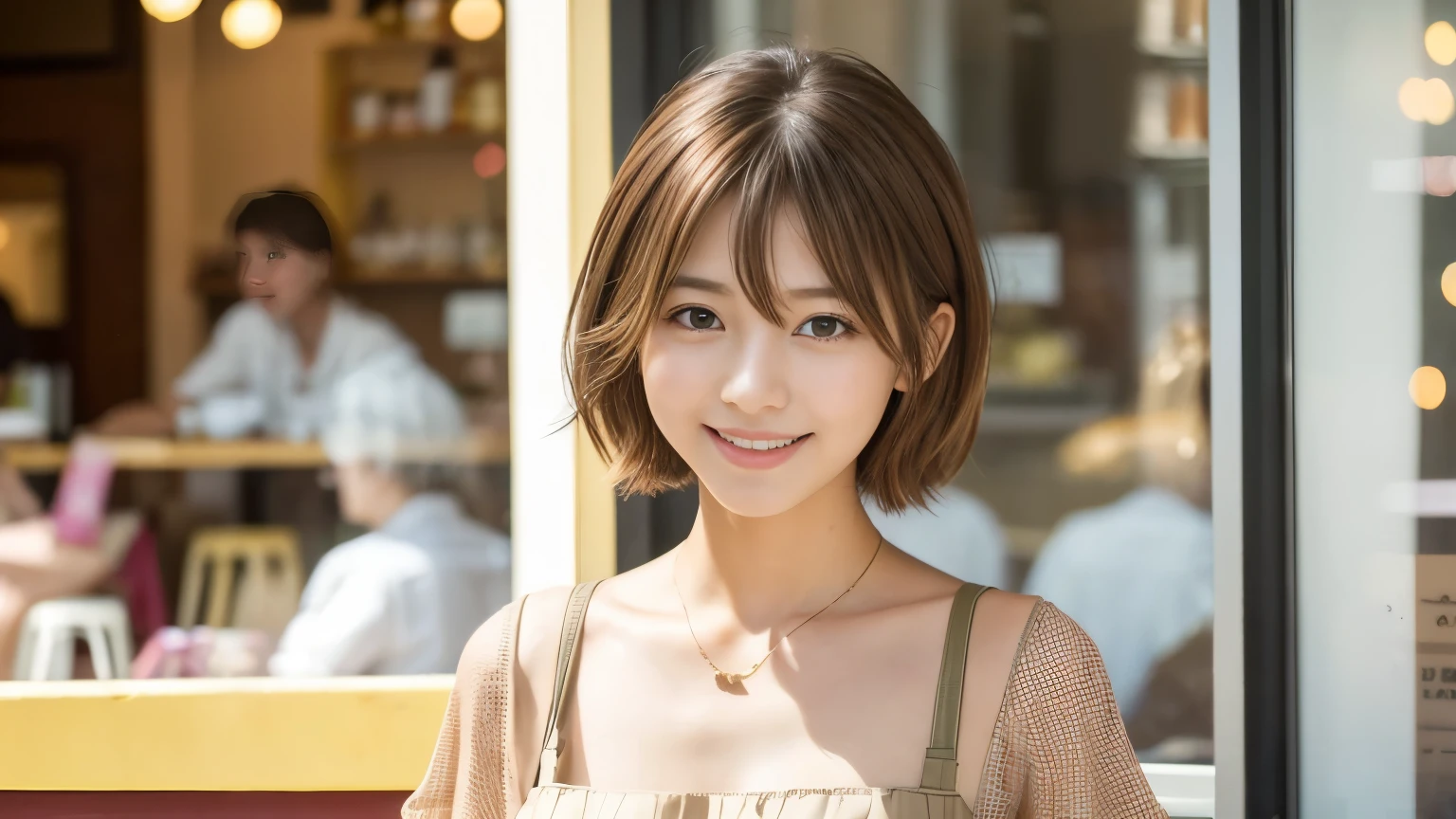 super high quality, smile, Slenderのネックレス, Slender, Gravure photoshoot, The staff is working at the counter in the back., (8k、RAW Photos、Highest quality、masterpiece:1.2), Japanese Idol, Stylish café, Fashion magazine photoshoot, (Realistic、Photorealistic:1.37), Mesh Hair, Urban Cafe, Golden Ratio, Raw photo, Cute face , Light Brown Hair, Small breasts, Bright cafe interior, Blurred Background, Beauty salon model, Summer clothes, Cafe Terrace, Open Cafe, Photographed inside the cafe, Hair blowing in the wind, Neat clothes, boyish, Very Short Hair, 18-year-old, Stylish clothes,