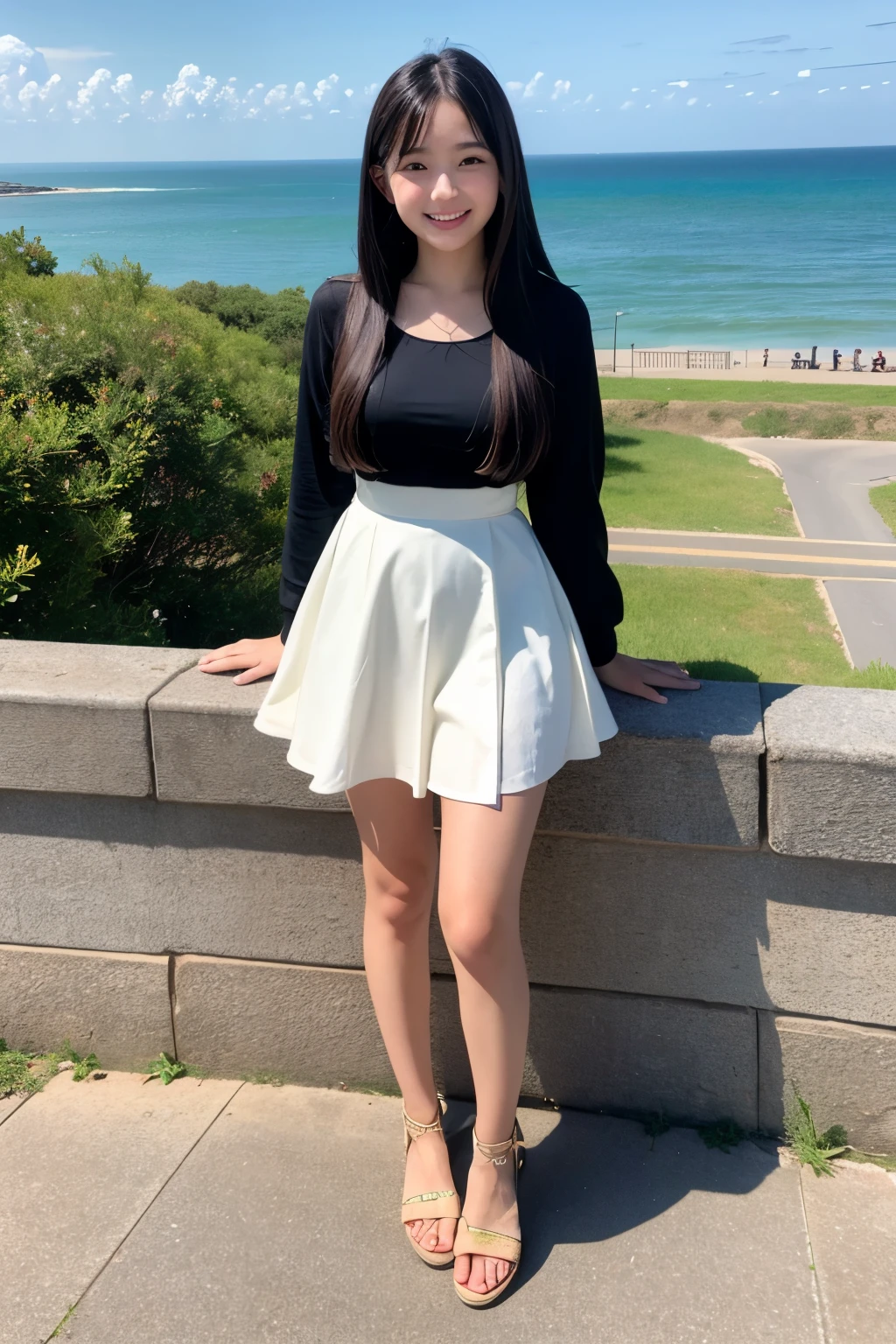 Standing on a deserted embankment near the sea、High school girls、Cute face like an idol、Long black hair、Summer clothemiling、Full body portrait